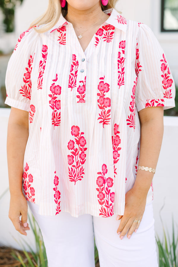 Chic Soul plus size clothing,  White top with bubble sleeves and buttons going down to the chest area, featuring an all-over pink floral block pattern.