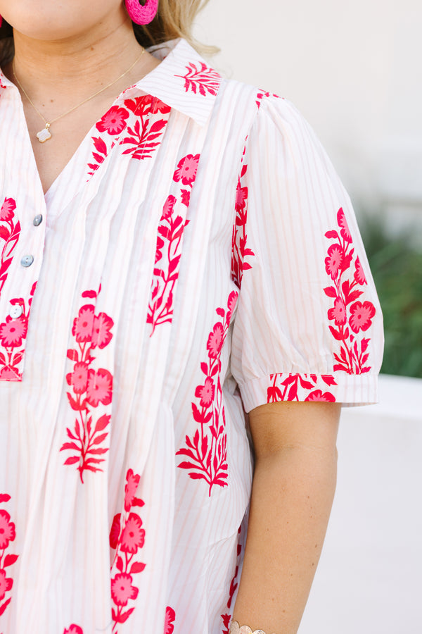 Chic Soul plus size clothing,  White top with bubble sleeves and buttons going down to the chest area, featuring an all-over pink floral block pattern.
