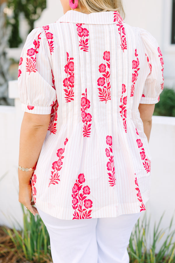 Chic Soul plus size clothing,  White top with bubble sleeves and buttons going down to the chest area, featuring an all-over pink floral block pattern.