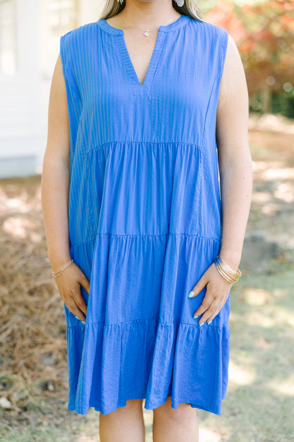 Chic Soul plus size clothing, cobalt blue sleeveless tiered baby doll dress with a deep v neckline
