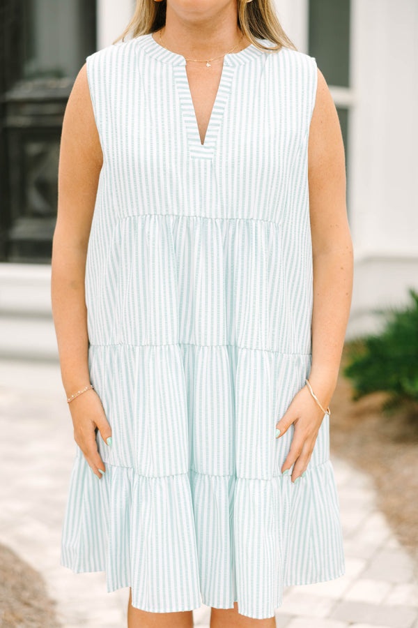 Chic Soul plus size clothing, mint and white pinstripe sleeveless tiered babydoll dress with a V-neck cutout