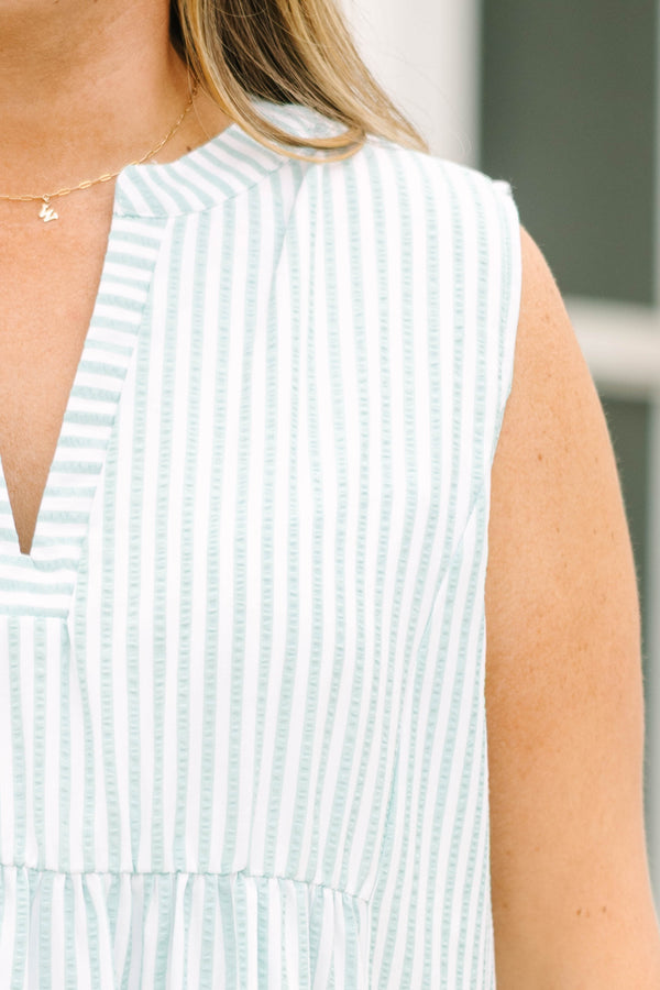 Chic Soul plus size clothing, mint and white pinstripe sleeveless tiered babydoll dress with a V-neck cutout