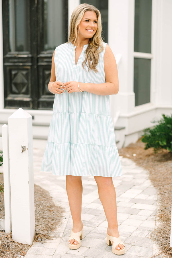 Chic Soul plus size clothing, mint and white pinstripe sleeveless tiered babydoll dress with a V-neck cutout