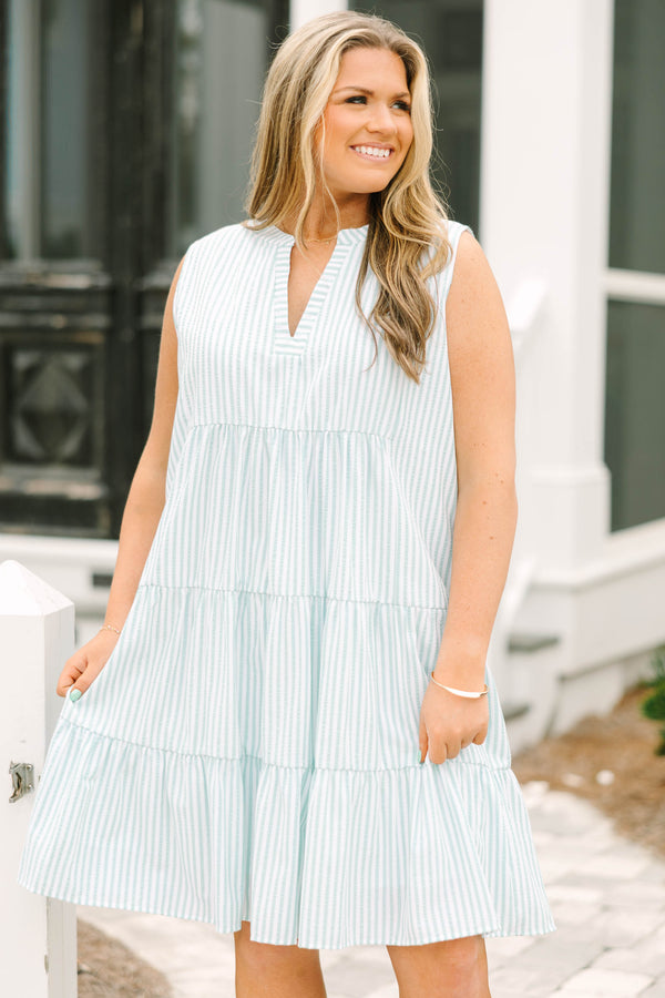 Chic Soul plus size clothing, mint and white pinstripe sleeveless tiered babydoll dress with a V-neck cutout