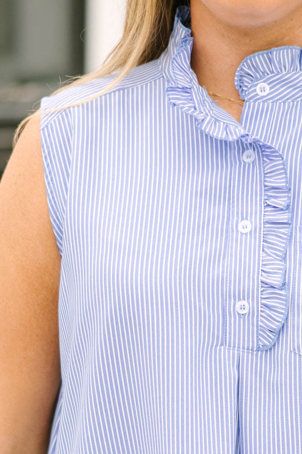 Chic Soul plus size clothing, blue knee length dress with buttons going down to the lower chest area that has a ruffle detail as well as on the collar and a vertical stripe pattern throughout 