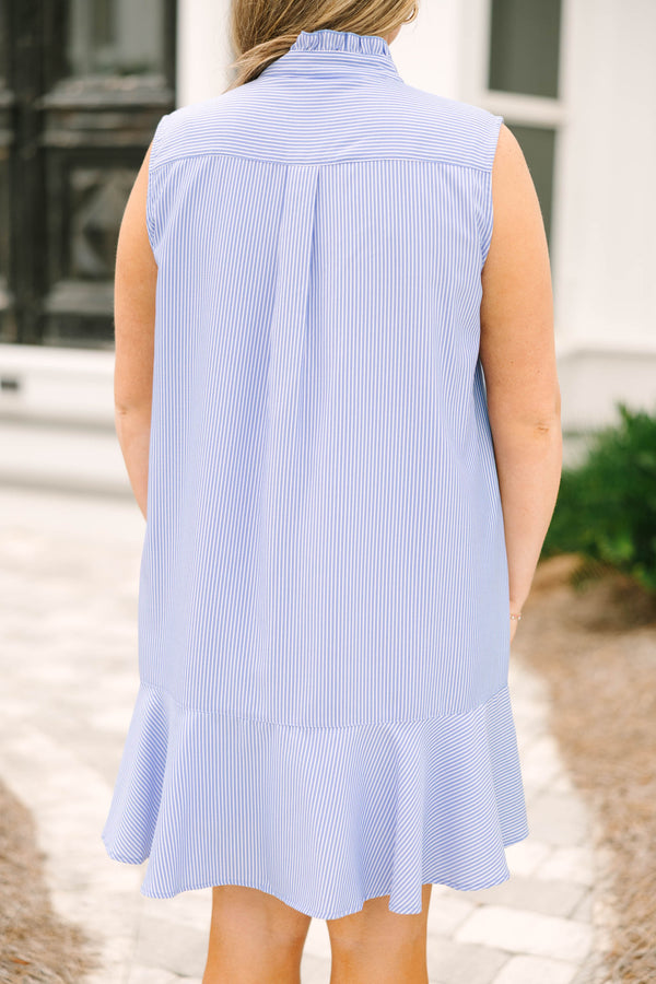 Chic Soul plus size clothing, blue knee length dress with buttons going down to the lower chest area that has a ruffle detail as well as on the collar and a vertical stripe pattern throughout 