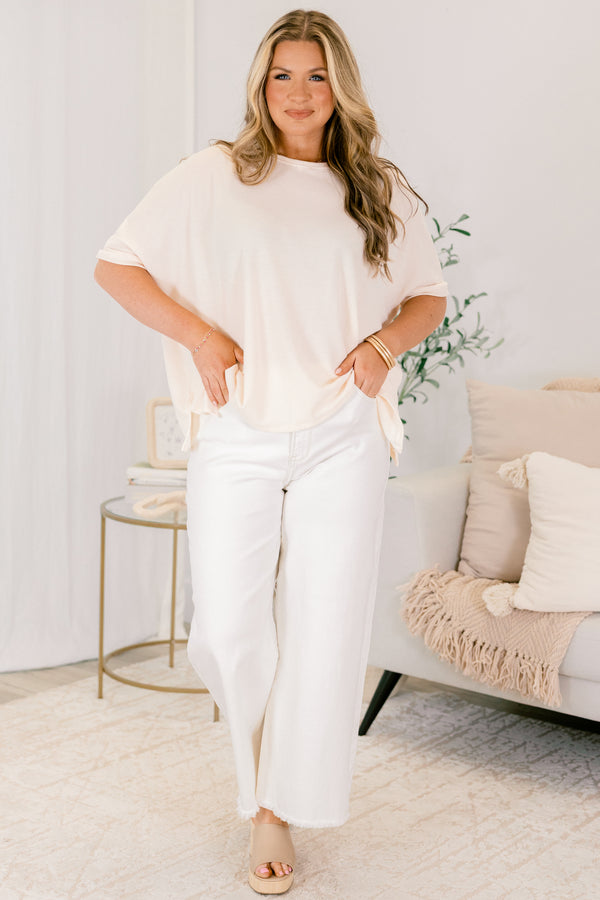 Chic Soul plus size clothing, cream jeans with button and zipper fly and frayed hems at the end of the jean legs