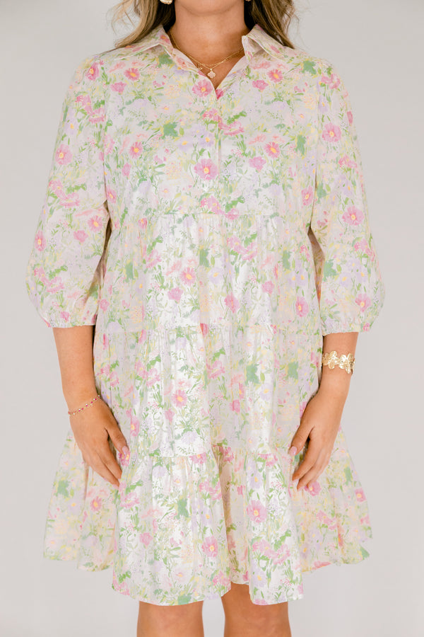 Chic Soul plus size clothing, cream mid sleeve short babydoll dress with pink and green floral print and collar and cinching at the bottom of the sleeves