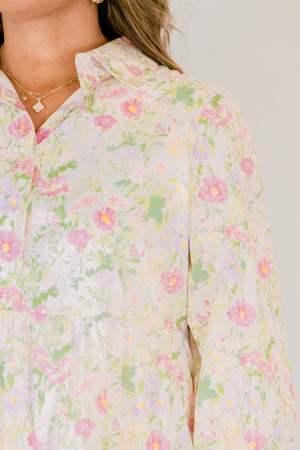 Chic Soul plus size clothing, cream mid sleeve short babydoll dress with pink and green floral print and collar and cinching at the bottom of the sleeves