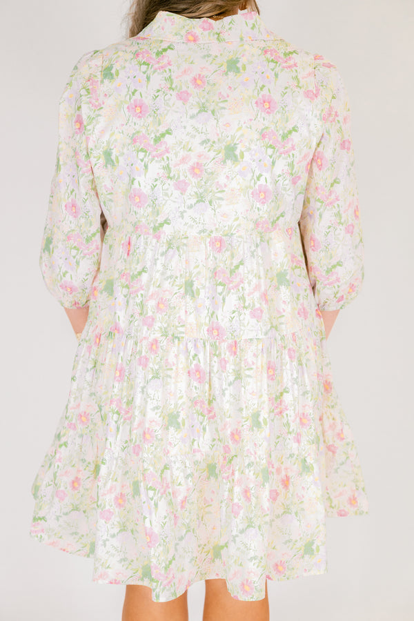 Chic Soul plus size clothing, cream mid sleeve short babydoll dress with pink and green floral print and collar and cinching at the bottom of the sleeves