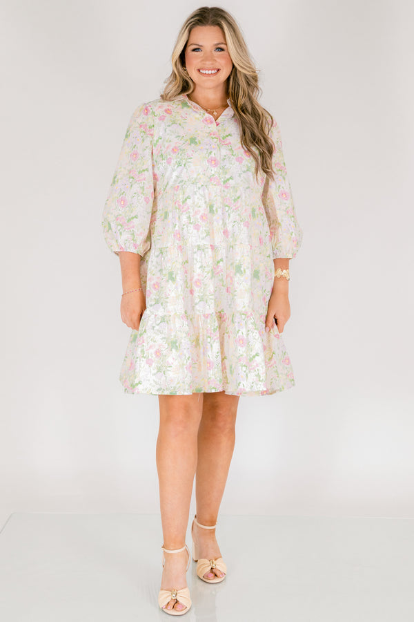 Chic Soul plus size clothing, cream mid sleeve short babydoll dress with pink and green floral print and collar and cinching at the bottom of the sleeves