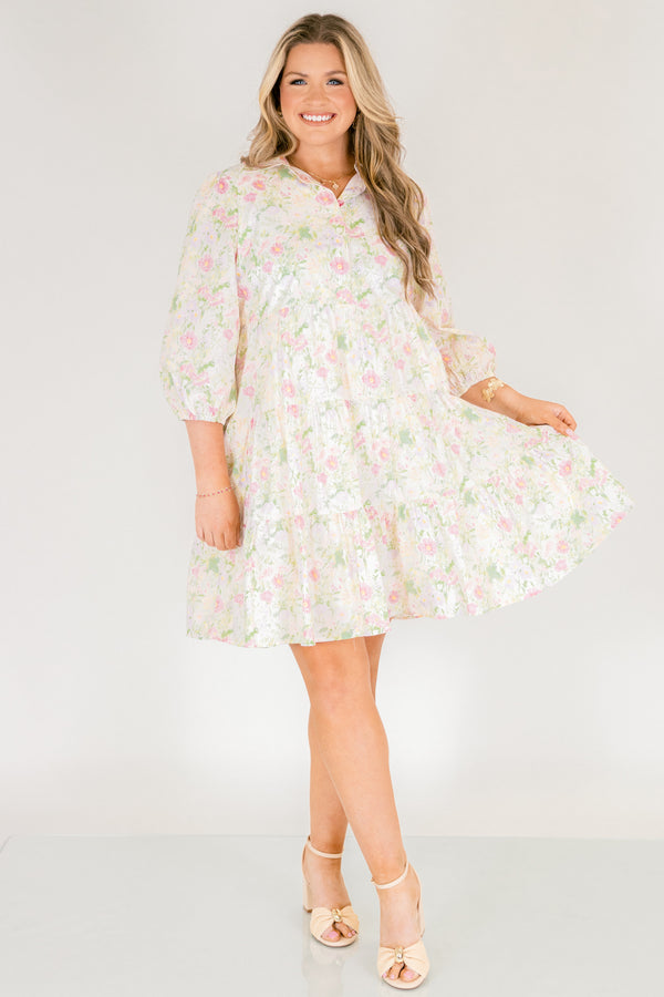 Chic Soul plus size clothing, cream mid sleeve short babydoll dress with pink and green floral print and collar and cinching at the bottom of the sleeves
