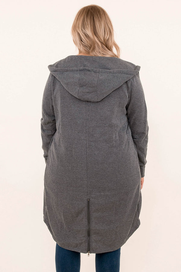 Chic Soul plus size clothing, charcoal gray jacket with a hood and a low hi design