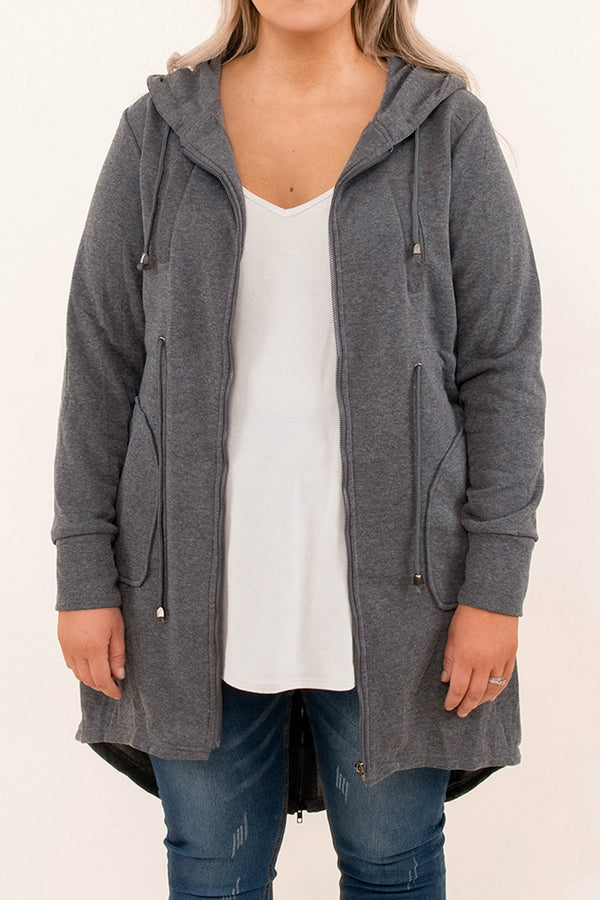 Chic Soul plus size clothing, charcoal gray jacket with a hood and a low hi design
