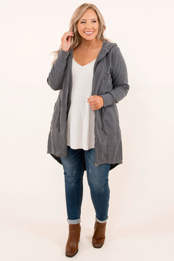 Chic Soul plus size clothing, charcoal gray jacket with a hood and a low hi design
