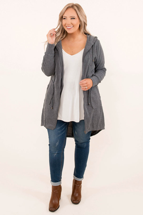 Chic Soul plus size clothing, charcoal gray jacket with a hood and a low hi design
