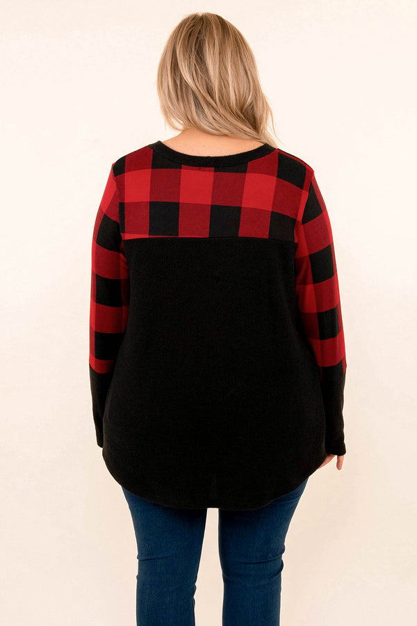 sweater, holiday, plaid, red, black, sequin, frocket, christmas, top, long sleeve 