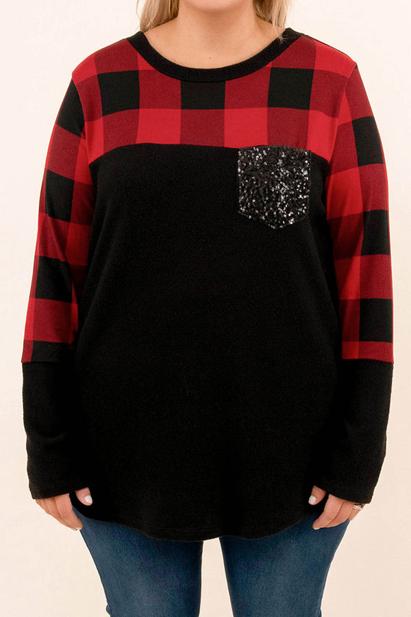 sweater, holiday, plaid, red, black, sequin, frocket, christmas, top, long sleeve 