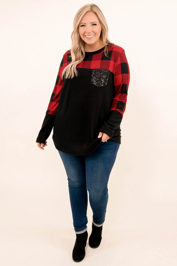 sweater, holiday, plaid, red, black, sequin, frocket, christmas, top, long sleeve 