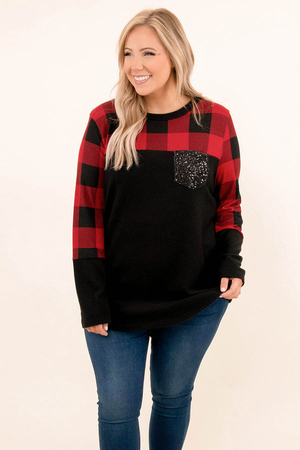 sweater, holiday, plaid, red, black, sequin, frocket, christmas, top, long sleeve 