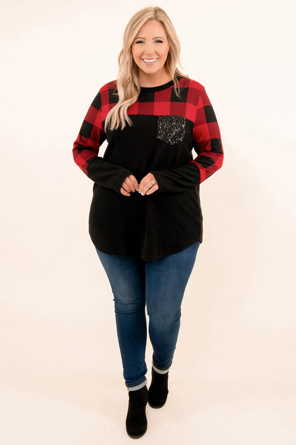sweater, holiday, plaid, red, black, sequin, frocket, christmas, top, long sleeve 