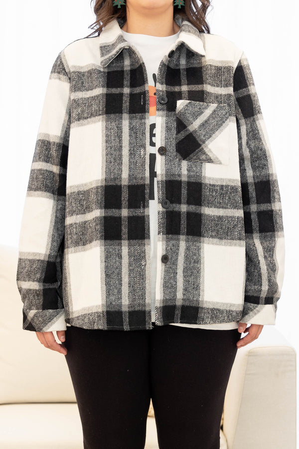 shirt, jacket, shacket, plaid, black, white, button down, soft, top