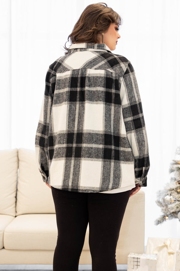 shirt, jacket, shacket, plaid, black, white, button down, soft, top