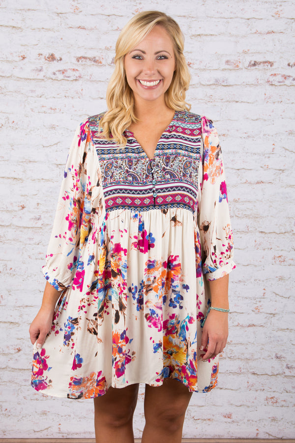 dress, short, three quarter sleeve, vneck, white, pink, blue, yellow, orange, floral, comfy, flowy, spring, summer