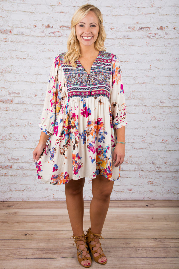 dress, short, three quarter sleeve, vneck, white, pink, blue, yellow, orange, floral, comfy, flowy, spring, summer