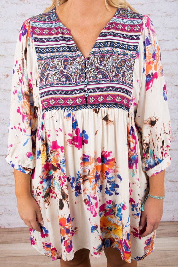 dress, short, three quarter sleeve, vneck, white, pink, blue, yellow, orange, floral, comfy, flowy, spring, summer