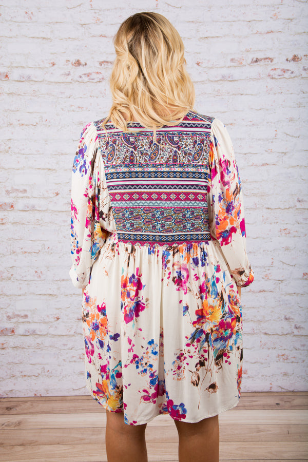 dress, short, three quarter sleeve, vneck, white, pink, blue, yellow, orange, floral, comfy, flowy, spring, summer