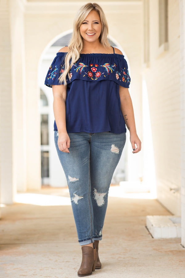 off the shoulder, navy, embroidered, short sleeve, top, figure flattering, floral design