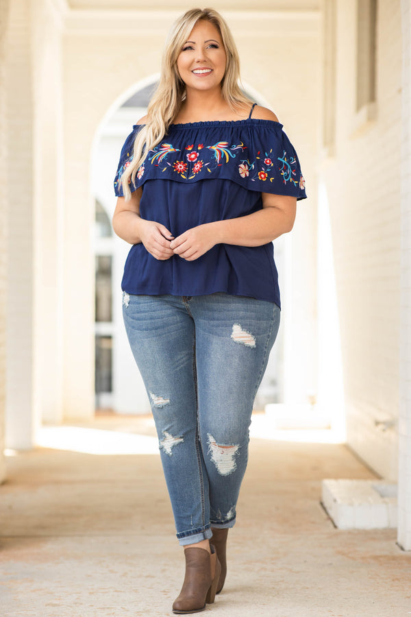 off the shoulder, navy, embroidered, short sleeve, top, figure flattering, floral design