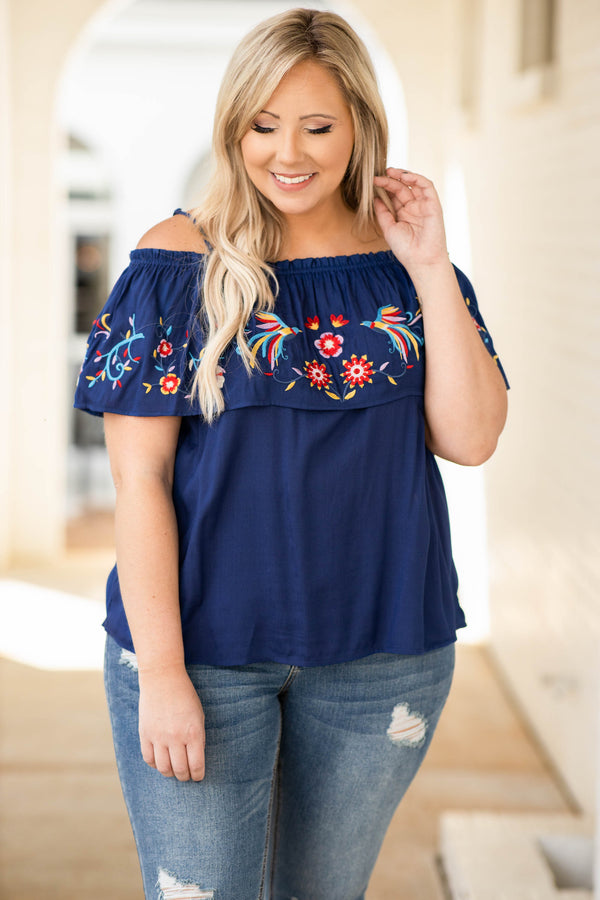 off the shoulder, navy, embroidered, short sleeve, top, figure flattering, floral design