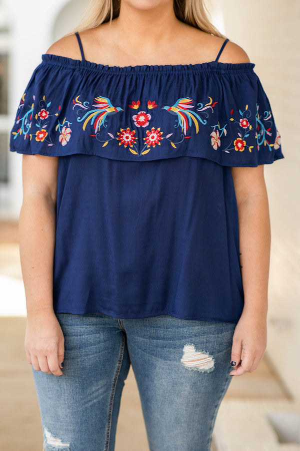off the shoulder, navy, embroidered, short sleeve, top, figure flattering, floral design