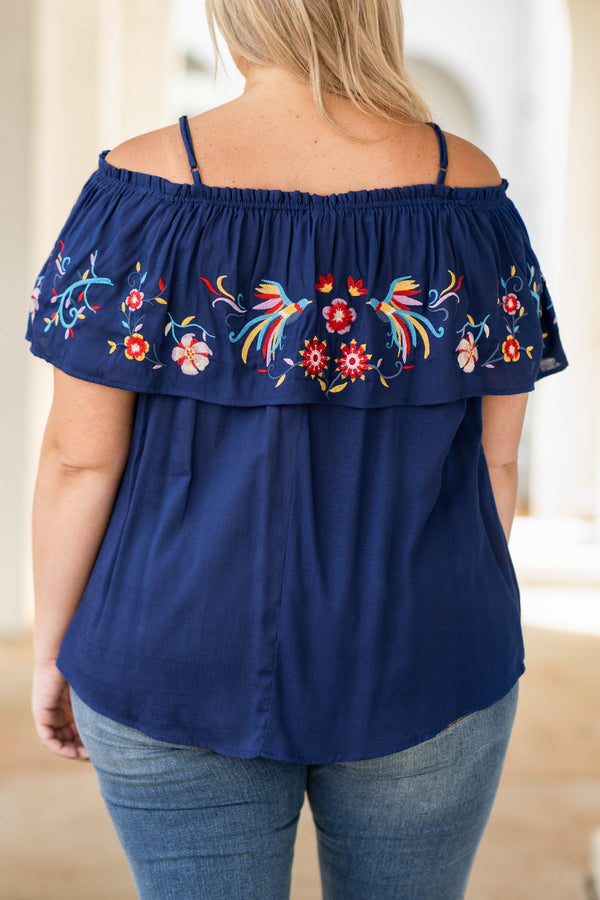off the shoulder, navy, embroidered, short sleeve, top, figure flattering, floral design