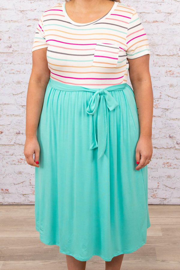 dress, midi dress, pink, fuchsia, mint, striped, short sleeve, tie, pocket