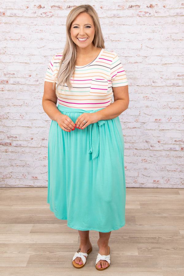 dress, midi dress, pink, fuchsia, mint, striped, short sleeve, tie, pocket