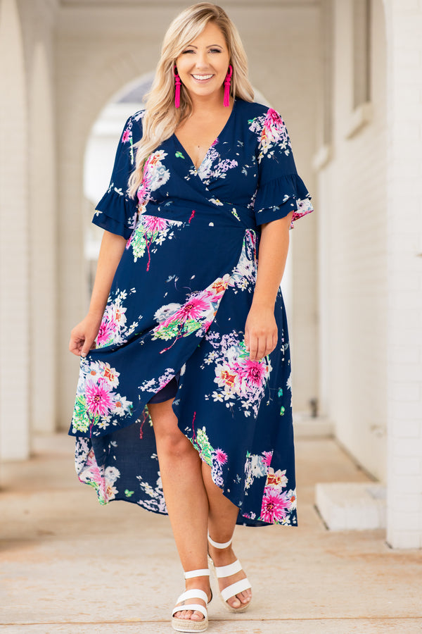 dress, midi dress, high low, short sleeve, wrap dress, v neck, navy, blue, pink, green, floral, spring, summer