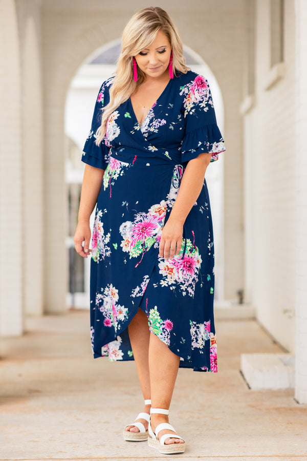 dress, midi dress, high low, short sleeve, wrap dress, v neck, navy, blue, pink, green, floral, spring, summer