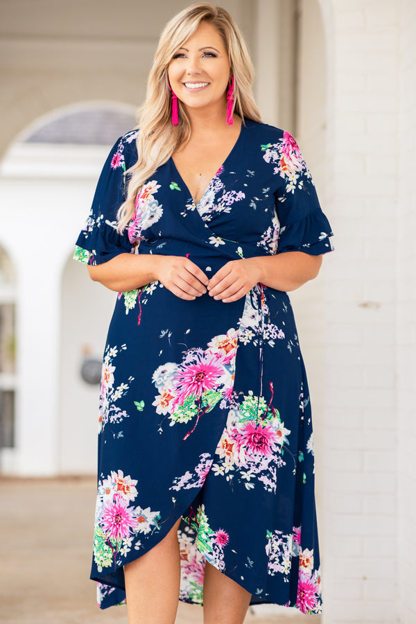 dress, midi dress, high low, short sleeve, wrap dress, v neck, navy, blue, pink, green, floral, spring, summer