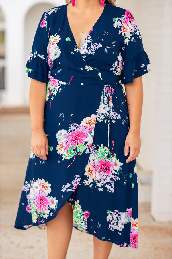dress, midi dress, high low, short sleeve, wrap dress, v neck, navy, blue, pink, green, floral, spring, summer