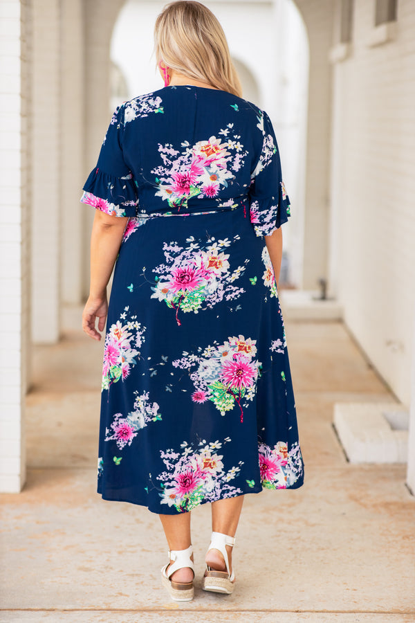 dress, midi dress, high low, short sleeve, wrap dress, v neck, navy, blue, pink, green, floral, spring, summer