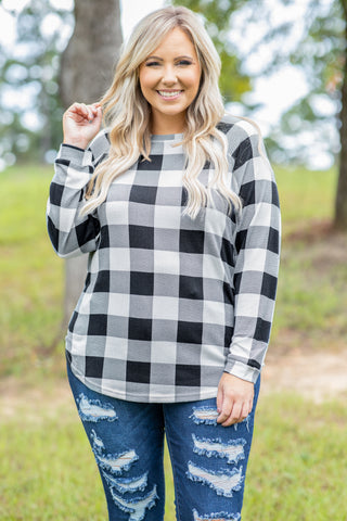 Curved Hem Slouchy Dolman Tunic, White Plaid