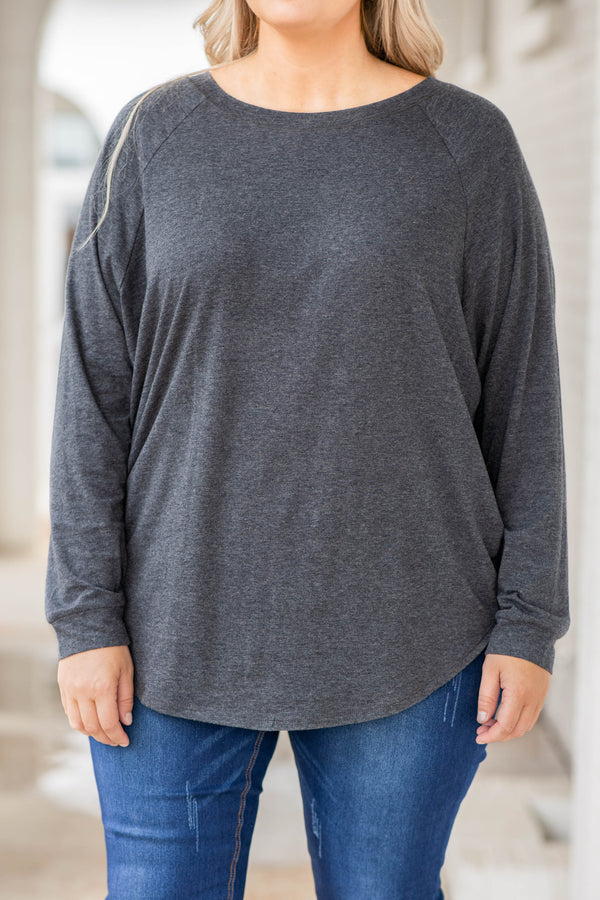 slouchy, dolman hem, charcoal, long sleeve, round neck, solid, neutral, comfy, figure flattering
