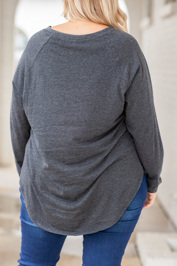 slouchy, dolman hem, charcoal, long sleeve, round neck, solid, neutral, comfy, figure flattering