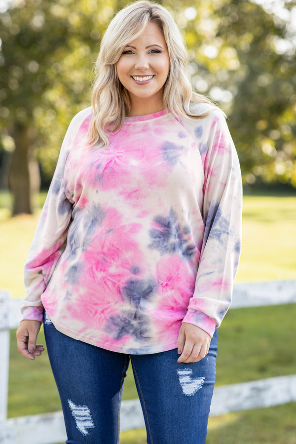 Curved Hem Slouchy Dolman Tunic, Tie Dye Pink