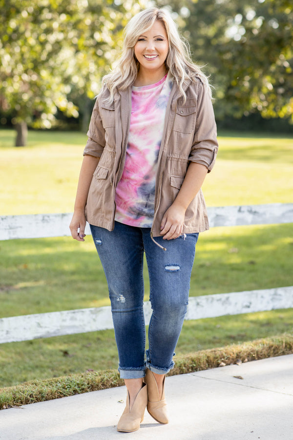 tie dye, pink, top, slouchy, figure flattering, flowy, long sleeve, round neck, colorful