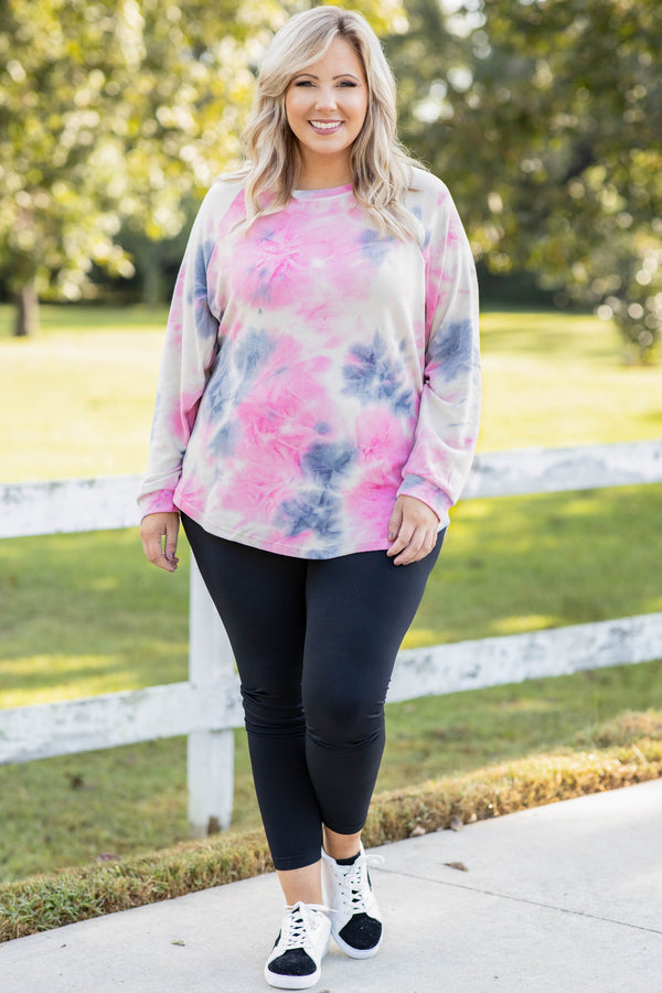tie dye, pink, top, slouchy, figure flattering, flowy, long sleeve, round neck, colorful