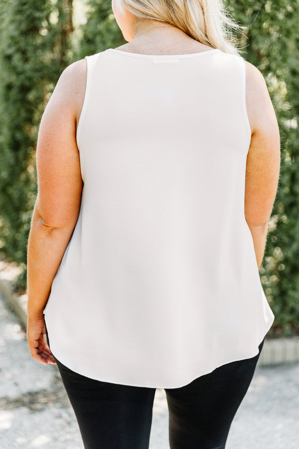 tank, thick straps, scoop neck, curved hem, longer back, loose, white, comfy, spring, summer